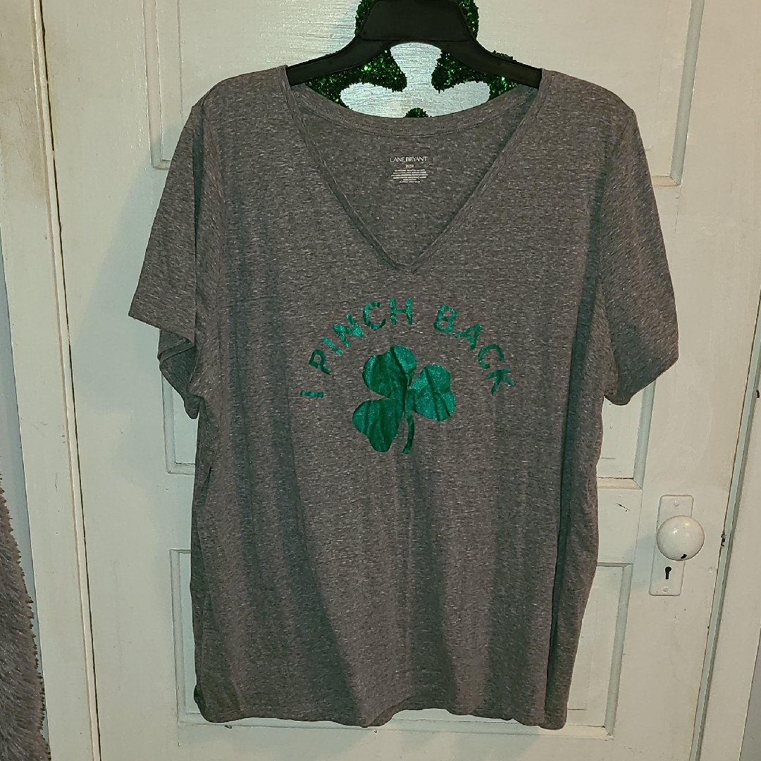 Lane Bryant Gray V-Neck Tee With Green Shamrock Graphic